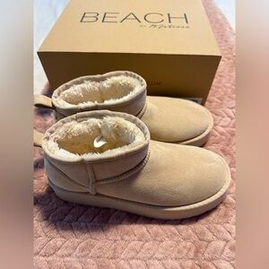 Breckenridge Natural Suede Faux Fur Platform Ankle Booties